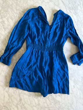Zara Cobalt Blue Satin Long Sleeve Brocade Romper, Medium